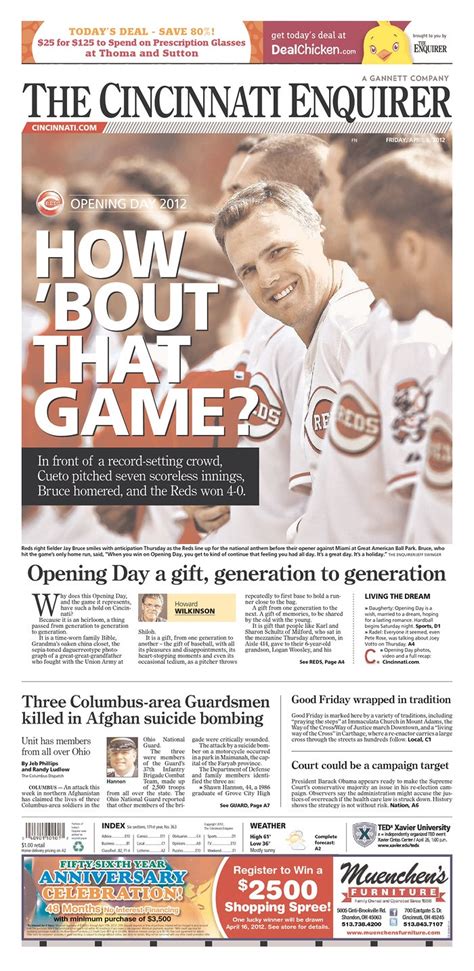 Cincinnati newspaper - Get the latest Cincinnati Reds news from The Enquirer. Local News Sports Opinion For Subscribers NKY Advertise Obituaries eNewspaper Legals. Sports. Reds. The Reds set their Opening Day rotation ... 